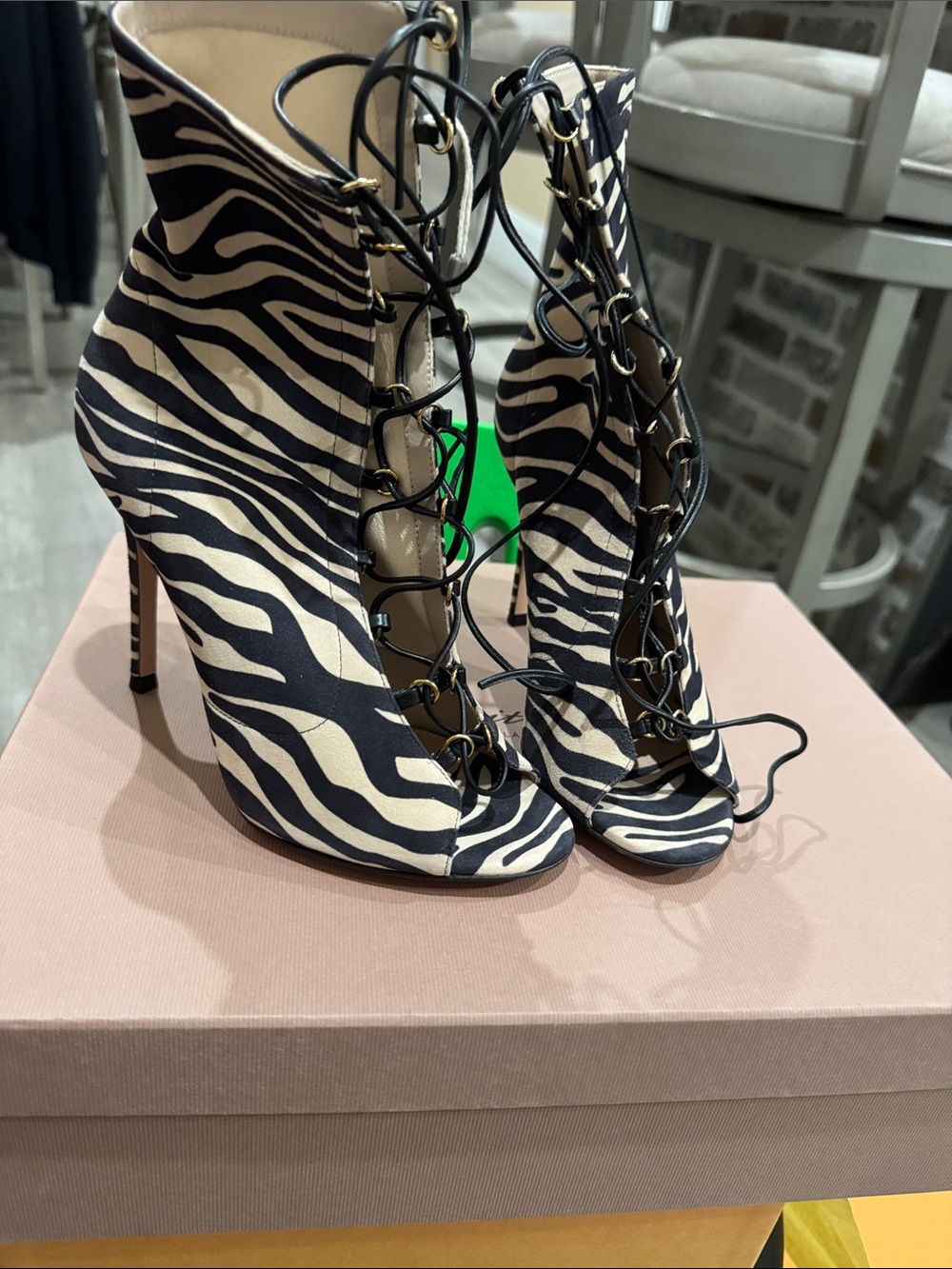 Zebra-Print Lace-Up High Heel Booties - Black & Cream